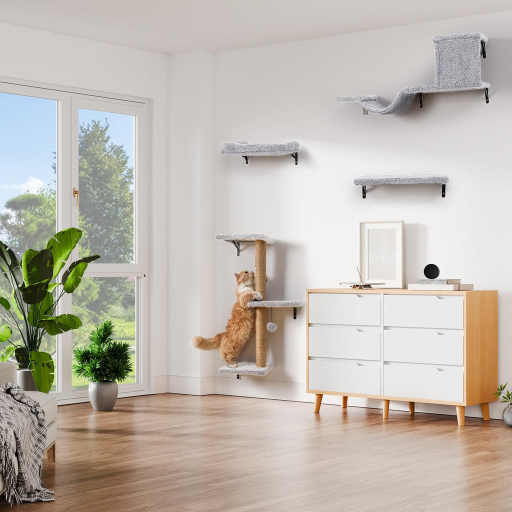 ZLAFM 5-in-1 Cat Wall Shelves – Space-Saving Modular Cat Furniture (Natural Wood, Light Gray)
