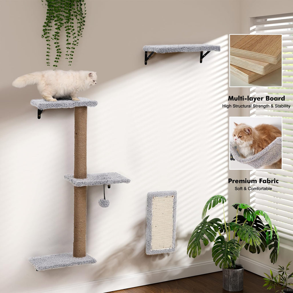 ZLAFM 5-in-1 Cat Wall Shelves – Space-Saving Modular Cat Furniture (Natural Wood, Light Gray)