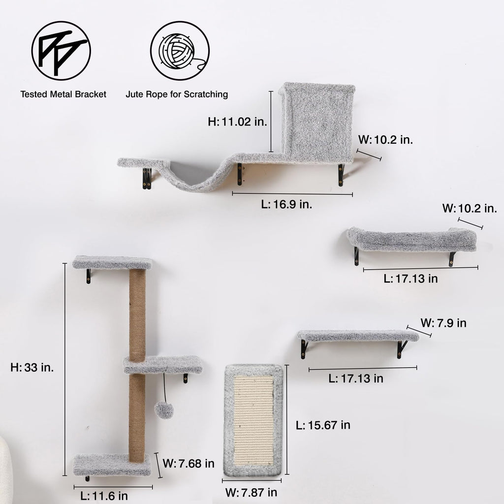 ZLAFM 5-in-1 Cat Wall Shelves – Space-Saving Modular Cat Furniture (Natural Wood, Light Gray)