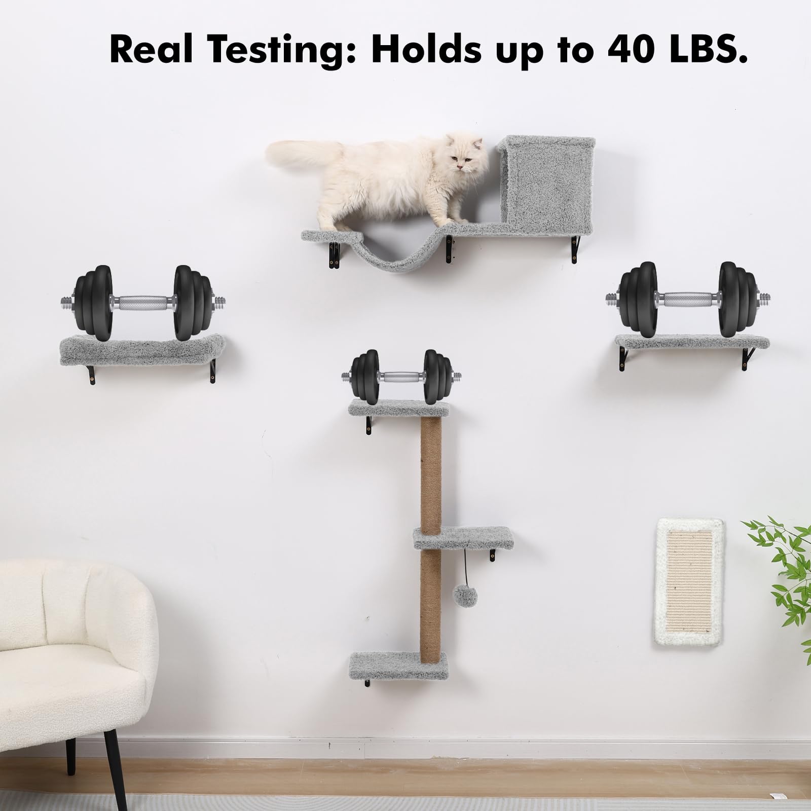 ZLAFM 5-in-1 Cat Wall Shelves – Space-Saving Modular Cat Furniture (Natural Wood, Light Gray)