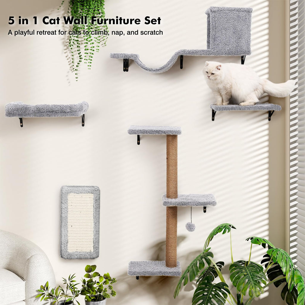 ZLAFM 5-in-1 Cat Wall Shelves – Space-Saving Modular Cat Furniture (Natural Wood, Light Gray)
