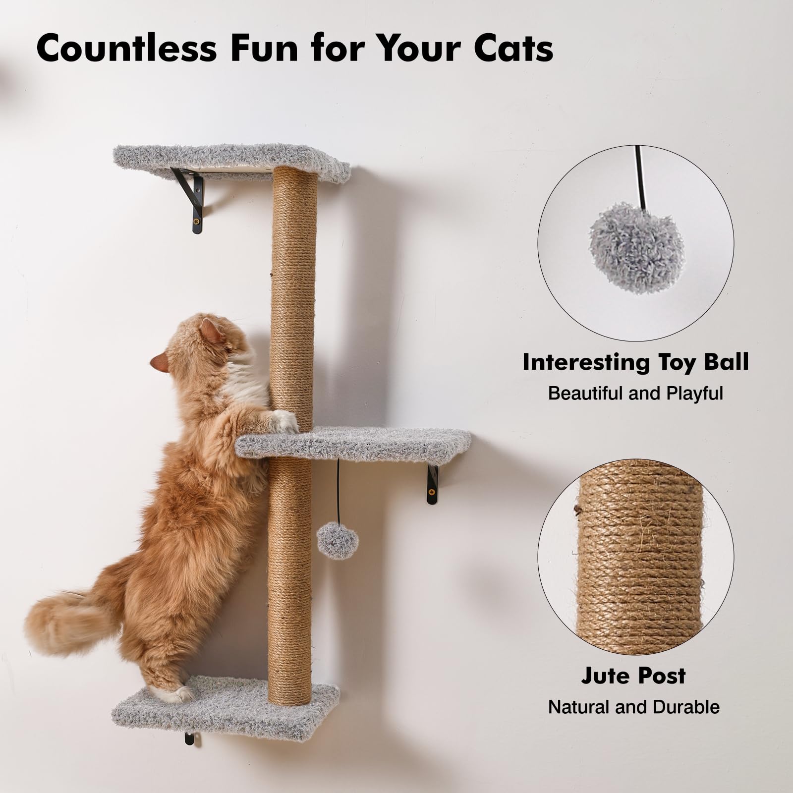 ZLAFM 5-in-1 Cat Wall Shelves – Space-Saving Modular Cat Furniture (Natural Wood, Light Gray)