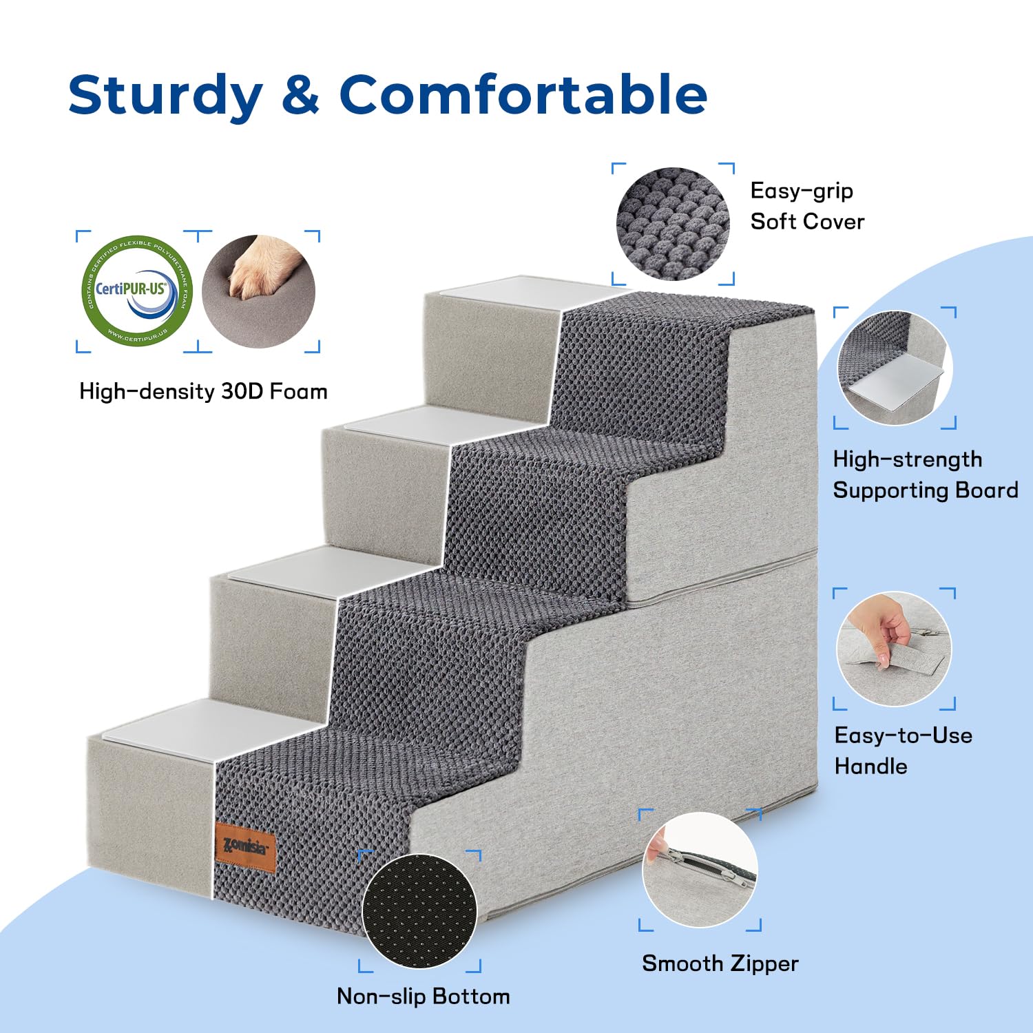 ZOMISIA 4-Step Dog Stairs for Small Dogs – 18-Inch Non-Slip Foam Pet Steps for Sofa & Bed