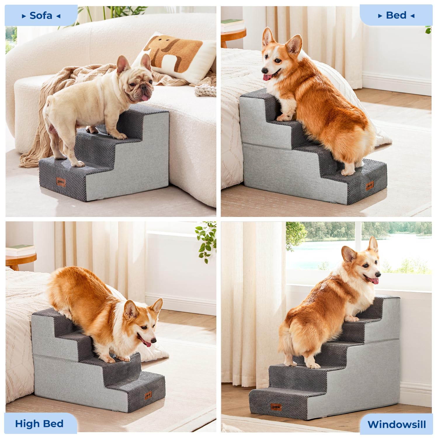 ZOMISIA 4-Step Dog Stairs for Small Dogs – 18-Inch Non-Slip Foam Pet Steps for Sofa & Bed