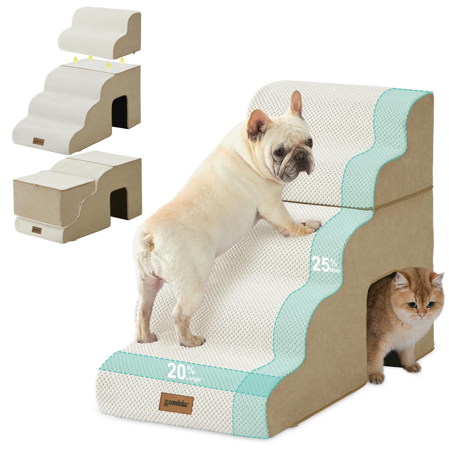 ZOMISIA Dog Stairs for Large Dogs – 5-Step, 24" High, 2-in-1 with Zippers (Beige)