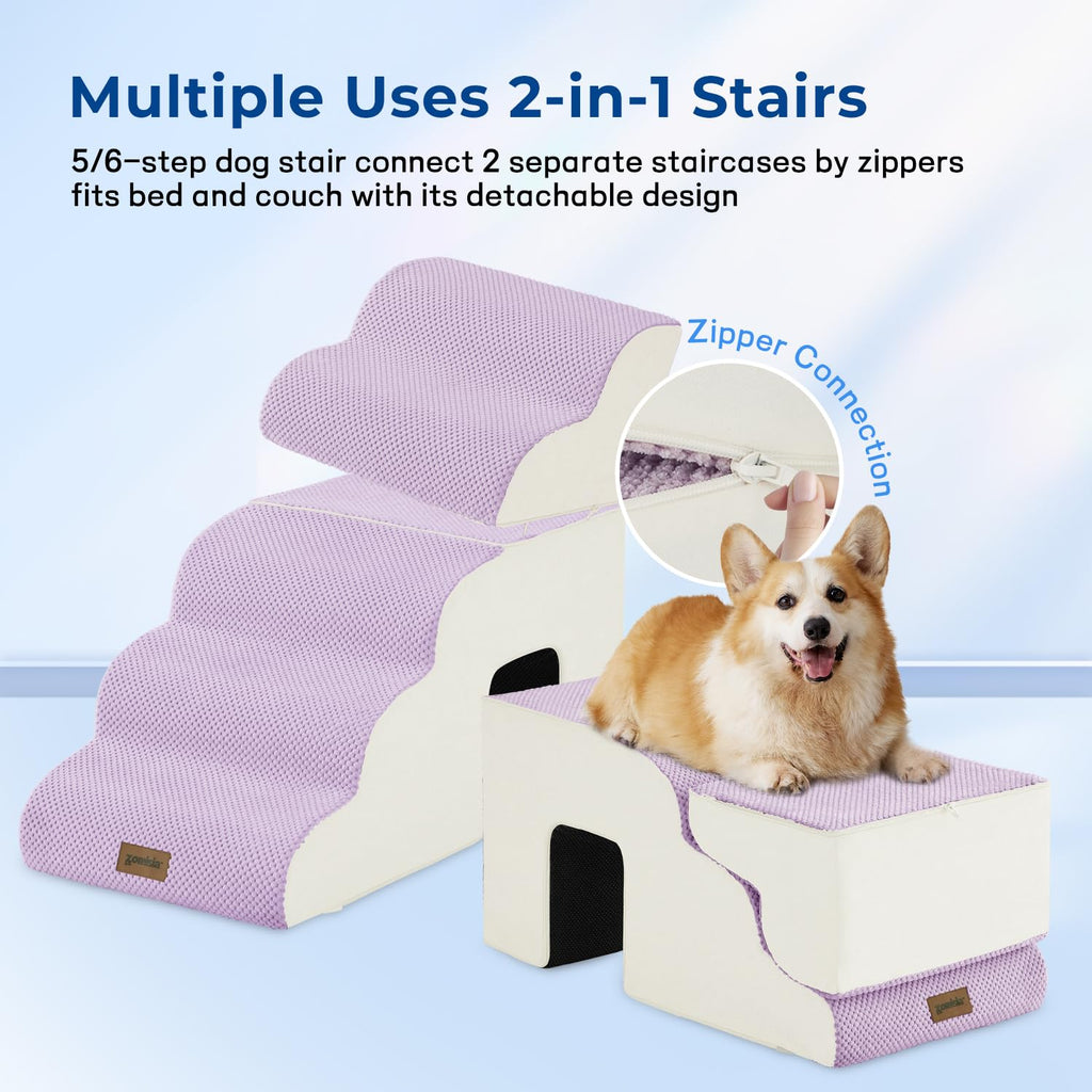 ZOMISIA Dog Stairs for Large Dogs – 5-Step, 24" High, 2-in-1 with Zippers (Beige)