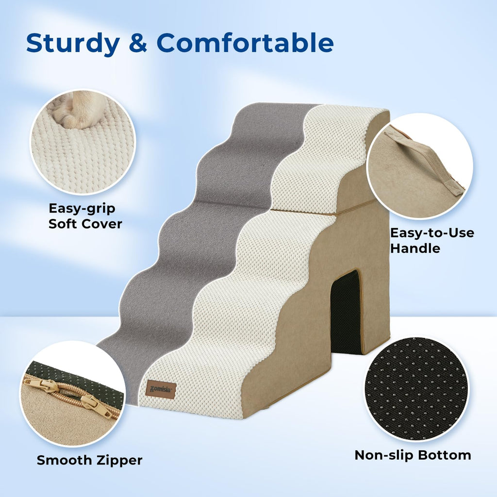 ZOMISIA Dog Stairs for Large Dogs – 5-Step, 24" High, 2-in-1 with Zippers (Beige)