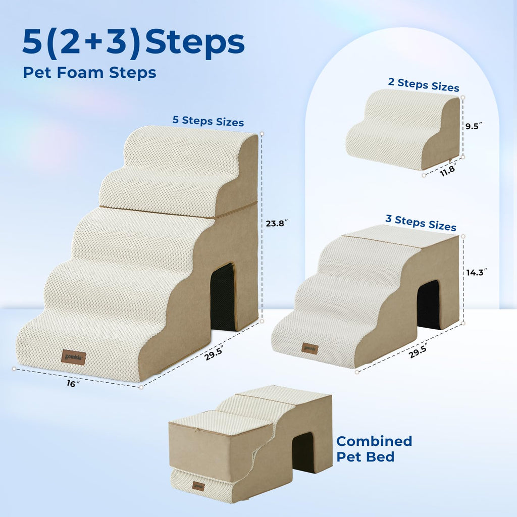 ZOMISIA Dog Stairs for Large Dogs – 5-Step, 24" High, 2-in-1 with Zippers (Beige)