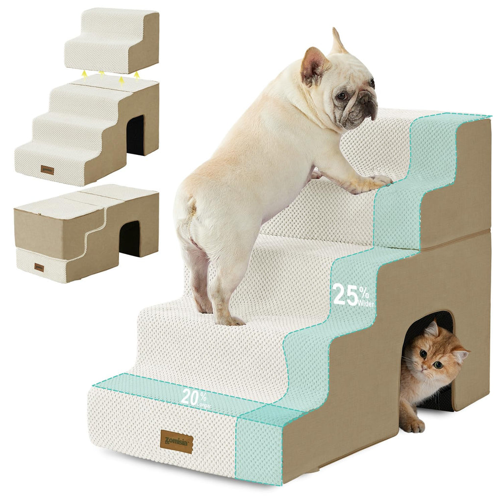ZOMISIA Dog Steps for High Beds - 5-Step Pet Stairs with Tunnel Beige