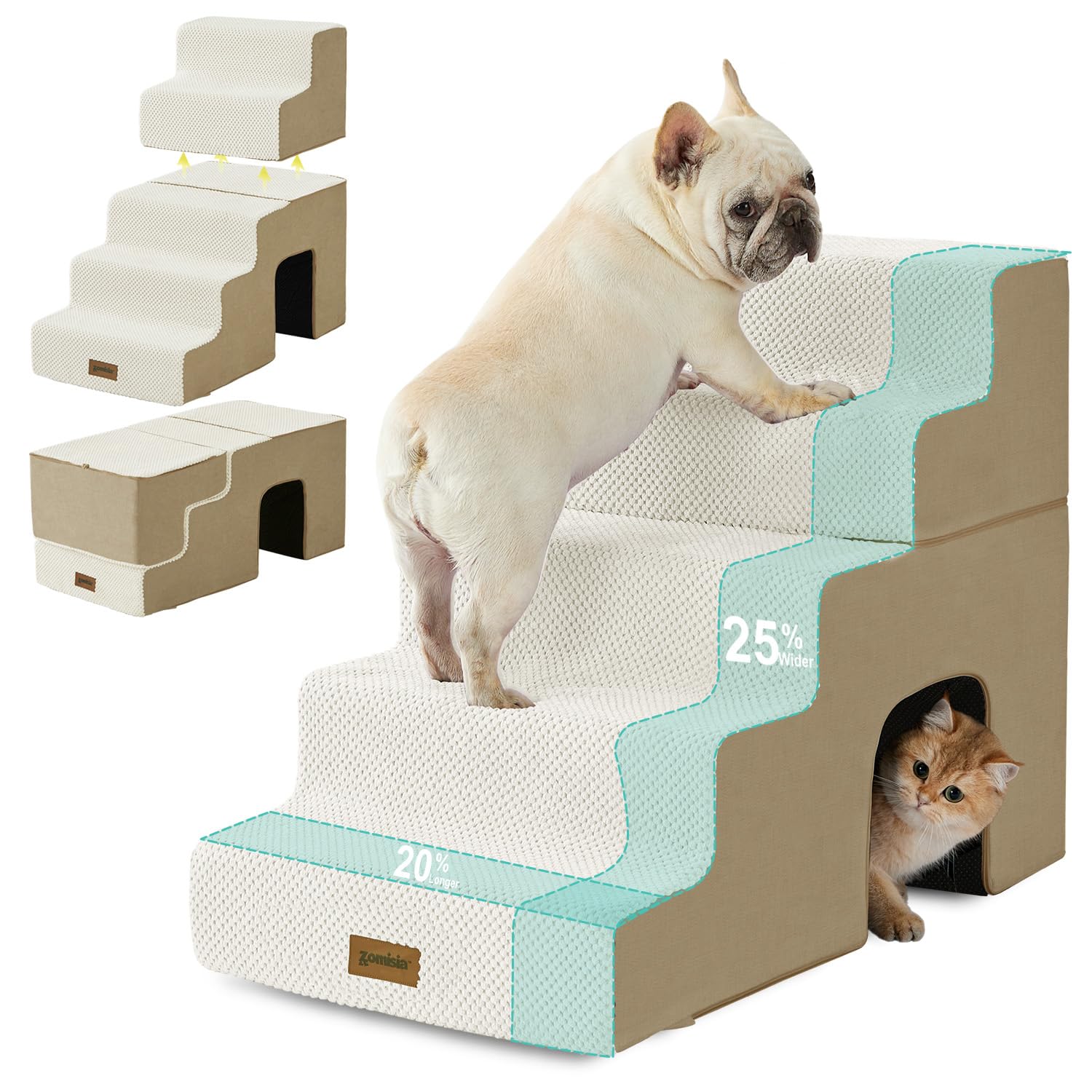 ZOMISIA Dog Steps for High Beds - 5-Step Pet Stairs with Tunnel Beige