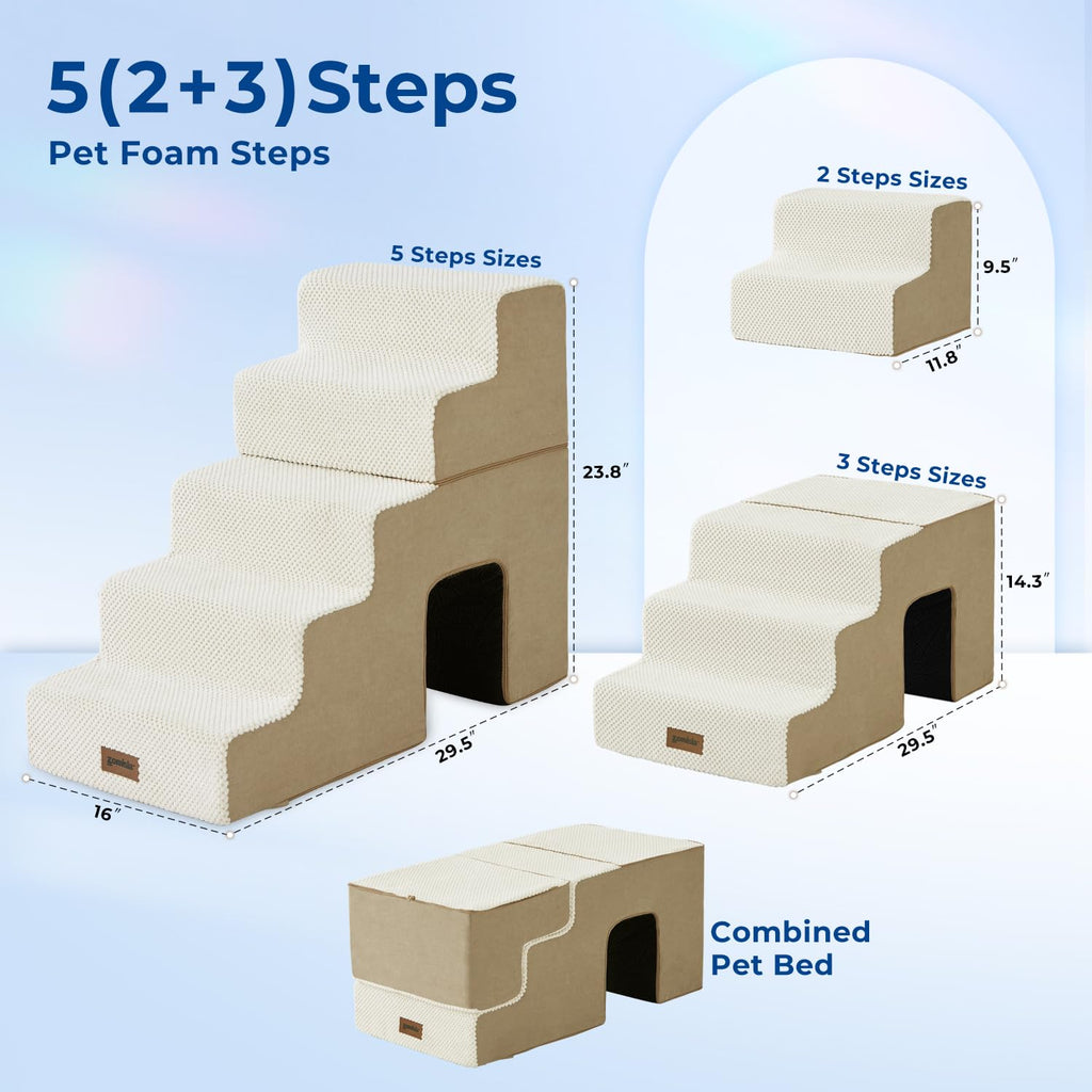 ZOMISIA Dog Steps for High Beds - 5-Step Pet Stairs with Tunnel Beige