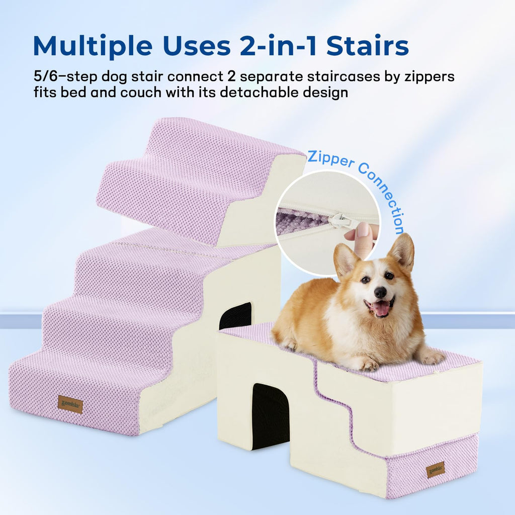 ZOMISIA Dog Steps for High Beds - 5-Step Pet Stairs with Tunnel Beige
