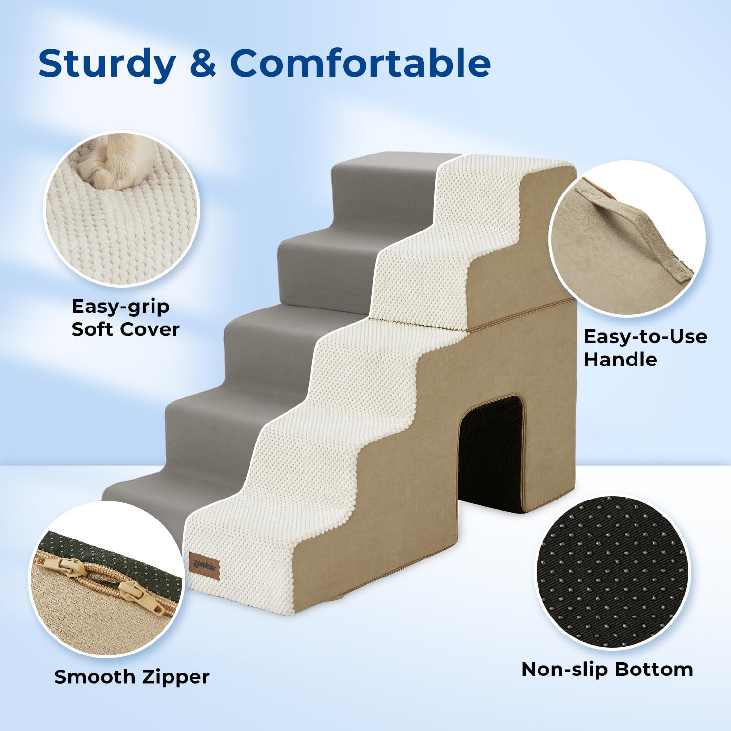 ZOMISIA Dog Steps for High Beds - 5-Step Pet Stairs with Tunnel Beige
