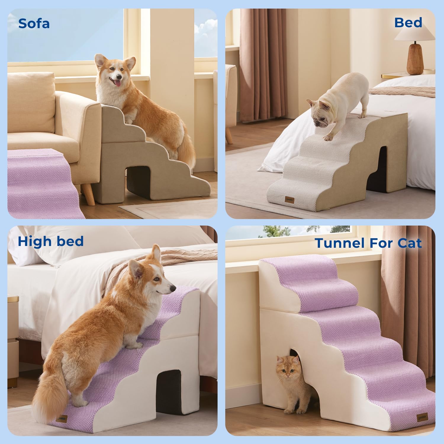 ZOMISIA Dog Steps for High Beds - 5-Step Pet Stairs with Tunnel Beige